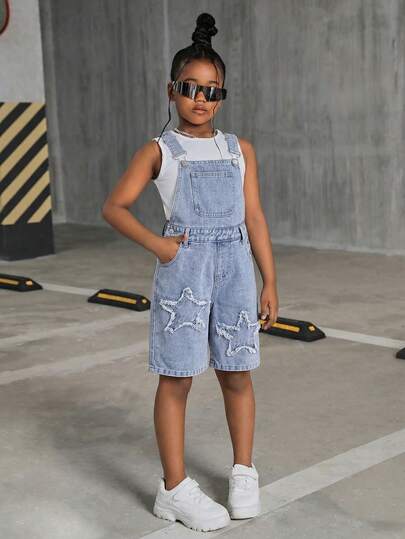 少女时尚休闲 Y2K 复古酷炫街头宽松舒适流苏星形蓝色牛仔抽绳短裤，适合儿童日常穿着，也适合春夏派对、节日和街头服饰。