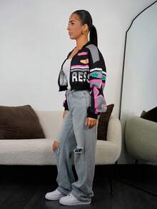 SAYEHFBABY Women's Letter Printed Dropped Shoulder Cropped Casual Baseball Jacket For Spring & Fall - Black - View 4