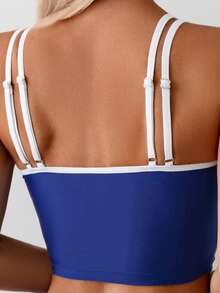 Swim Basics Women's Contrast Color Thin Strap Tankini Top And High Waist Bottoms Tankini Set - Navy Blue - View 4