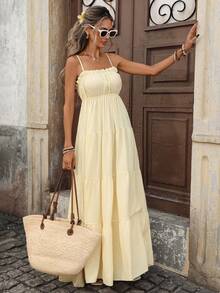 Pariaura 女士法式度假风吊带荷叶边收腰修身长款纹理黄色连衣裙，春夏款 - 黃色 - 查看 6