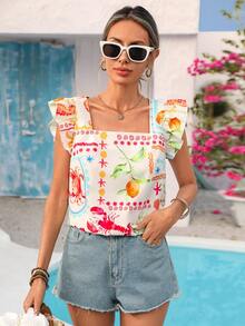 Vivid Eden Woven Printed Square Collar Puff Sleeve Fitted Women Shirt - Multicolor - View 3