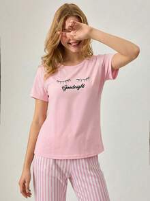 Loomlin Cottnline Cotton 2Pcs Eye Printed Short Sleeve Shirt And Striped Long Bottom Pj Set Women S Pajama Cute Pajamas For Woman - Pink - View 4