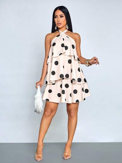 SOLERSUN Elegant Polka Dot Halter Neck Layered Ruffle Dress For Women, Valentine's Day Dress, Elegant Resort Dress (Random Floral)