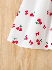 SHEIN Vintaside Kids 女婴/女宝宝甜美公主连衣裙，樱桃蝴蝶结印花，无袖翻领松紧腰休闲连衣裙，适合夏季日常穿着 - 白色 - 查看 6