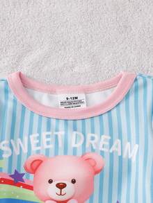 SHEIN 2pcs Baby Girls Snug Fit Long Sleeve Crew Neck Top And Long Pants Homewear Set, Knitted Fabric, Cute Bear Print, Comfortable And Soft - Blue - View 5