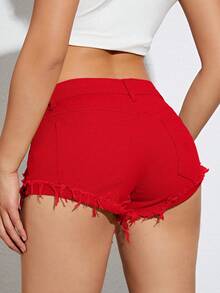 SHEIN ICON Quần short denim nữ màu trơn, kiểu dáng thường ngày. - Đỏ - Xem 2