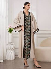 Al Najma Women's Retro Sequin Embroidery Tassel Sleeve V-Neck Maxi Arabic Robe - Multicolor - View 4