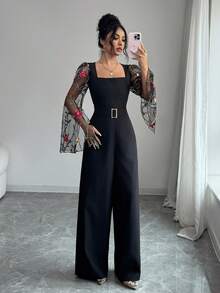 Rafferiza 2026春夏新款法式优雅简约长袖刺绣网纱拼接修身腰部金属纽扣连体裤（女款） - 黑色 - 查看 4