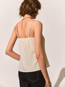 Poéselle Women's Casual Vacation Style Everyday Commute Contrast Trim Knot Front Pleated Camisole,Bow Tie Woven Camisole Top For Women, Spaghetti Strap Pleated Summer Shirt, Lightweight Casual Cami With Contrast Trim,Summer Top,French-Style  Top - Apricot - View 2