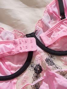 2pcs Sexy Lingerie Set: Sheer Embroidered Bowknot Deep V-Neck Camisole With Underwire Bra - Pink - View 10