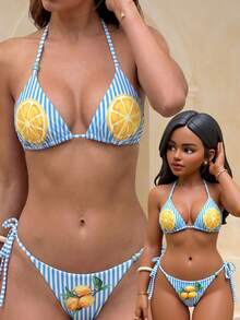 Swim Vcay Women's Halter Tie Striped Print Bikini Set - Blue - View 7