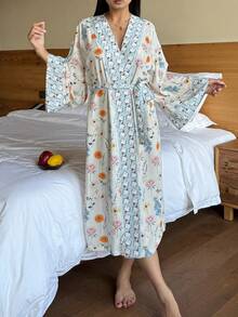 DAZY Bata holgada de mujer con estampado floral, perrito feliz y contrastes de patchwork - Blanco - Ver 7