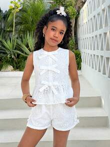 Tween Girls Casual Daily Vacation White Textured Jacquard Bow Front Crop Top & Shorts 2 Pieces Set - White - View 3