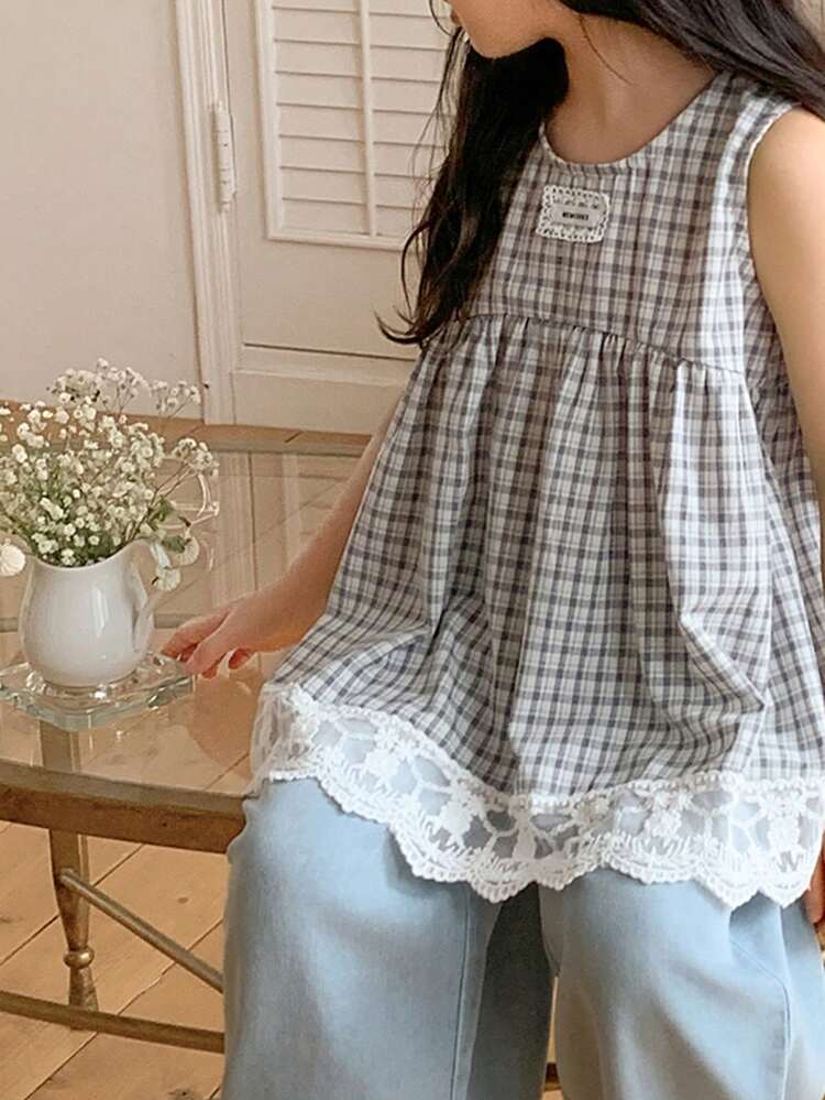 2pcs Young Girls Crew Neck Plaid Sleeveless Top And Denim Pants Set, Fall Outfit