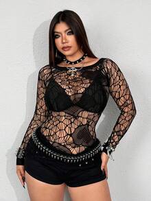 Whyspr Plus Size Women's Sexy Stand Collar Sheer Hollow Out Long Sleeve Fitted Blouse, Spring/Summer/Autumn