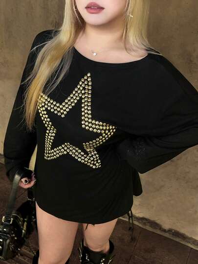 ROMWE Grunge Punk Plus Size Loose Fit Plus Size Scoop Neck Punk Five-Pointed Star Rivet Rhinestone Print Long Sleeve T-Shirt