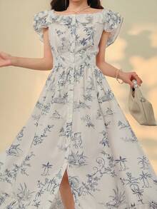 DAZY 荷叶袖、荷叶边、碎花吊带连衣裙，优雅办公室圆领连衣裙，夏季长款连衣裙 - 灰藍色 - 查看 7