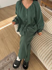 DAZY 绿色简约纹理雪纺褶皱领灯笼袖宽松女士睡衣套装 - 綠色 - 查看 5