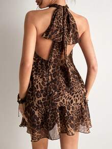 Freevana Vestido mini con estampado de leopardo, con escote halter y espalda descubierta, adecuado para vacaciones de verano - Marrón - Ver 2