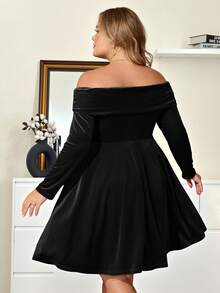 Enliva Vestido de terciopelo de manga larga para mujer de talla grande, vestido de hombros descubiertos para otoño/invierno, vestido de Navidad, Día de San Valentín, para figura de manzana y redondeada - Negro - Ver 2