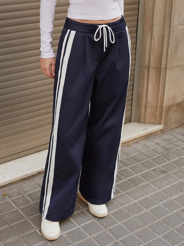SHEIN Maija Women Side Striped Drawstring Waist Straight Loose Casual Pants,Festival