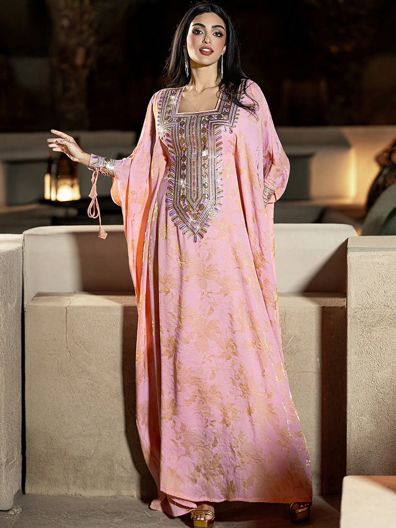 Layrah رمضان عباءة تركية مطرزة بنقشة جاكارد معدنية...