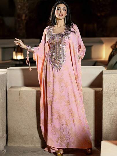 Layrah Women's Square Neck Batwing Sleeve Metallic Jacquard Embroidered Turkish Abaya Kaftan Dresses For Evening Party Formal Elegant Party Uxury Evening Dresses Wedding Party Dress