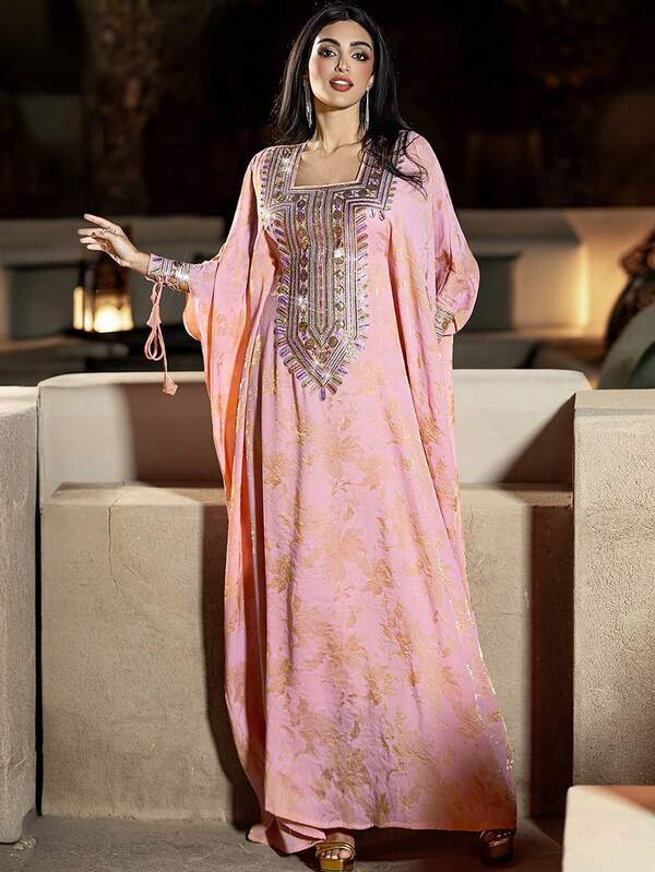 Layrah رمضان عباءة تركية مطرزة بنقشة جاكارد معدنية ذات ياقة مربعة وأكمام خفافيش للنساء