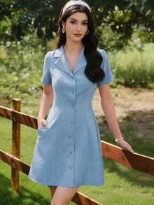 Vintamour 复古优雅女士连衣裙，带口袋、西装领、纽扣闭合，休闲通勤度假迷你裙 - 藍色 - 查看 5