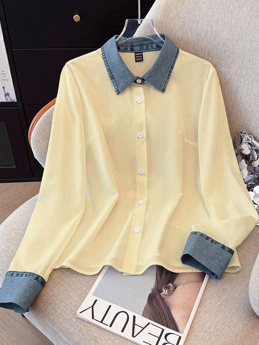 Lyxana Women's Autumn/Winter Patchwork Denim Effect Long Sleeve Single-Breasted Casual Shirt - Apricot - View 1