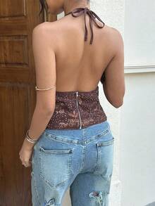 Siren Gaze Women's Spring/Summer Sequined Embroidered Halter Neck Top, Vacation-Style Bohemian Deep V Sequined Embroidered Brown Top. - Brown - View 2