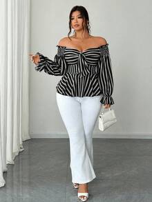SHEIN CURVE+ Áo kiểu dáng rộng rãi, tay dài, hở vai, đa năng. - màu đen - Xem 4