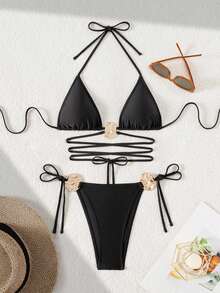 Swim Vcay 2 Stücke Damen einfarbiger eleganter Bikini-Badeanzug - Schwarz - Übersicht 4