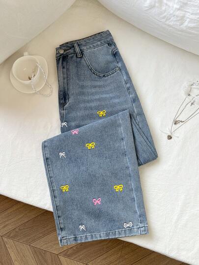 Elamini Women's Casual Everyday Commute Versatile Multi-Color Bow Print Loose Wide-Leg Jeans
