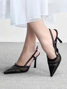 CUCCOO BIZCHIC 优雅女士露跟高跟鞋，网眼拼接T字带设计，尖头细高跟鞋 - 黑色 - 查看 5