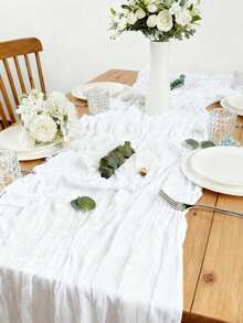 5pcs White Pleated Table Runner Folding Table Flag, Festive Birthday Decor Wedding Decor Holiday Home Decor Party Room Table Decoration Table Cloth, Table Centrepiece Table Runner, Banquet Decoration, Wedding Table Cover, Solid Color Table Runner For Rural Wedding, Kitchen Table Runner, Party Favors, Decor - White - View 1