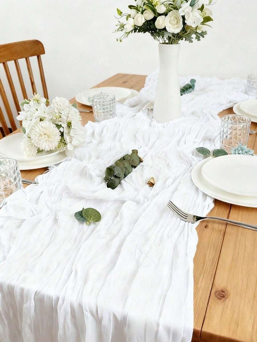 5pcs White Pleated Table Runner Folding Table Flag, Festive Birthday Decor Wedding Decor Holiday Home Decor Party Room Table Decoration Table Cloth, Table Centrepiece Table Runner, Banquet Decoration, Wedding Table Cover, Solid Color Table Runner For Rural Wedding, Kitchen Table Runner, Party Favors, Decor - White - View 1