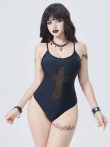 ROMWE Goth 女士拼接交叉网纱连体泳衣 - 黑色 - 查看 4