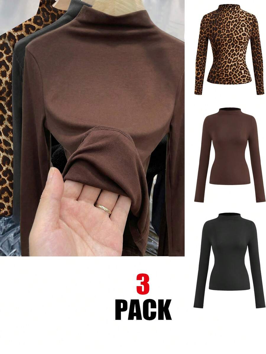SHEIN LUNE 3 قطعة/مجموعة تيشيرتات أساسية للنساء بألوان أحادية وطبعة نمر، قمصان رقبة سلحفاة للخريف/الشتاء، كاجوال - متعدد الألوان - مشاهدة 1
