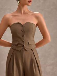 CLARA VERO Women's Brown Wide Leg Pants And Button Up Strapless Bustier Top Set – Two Pieces Summer Suit Outfit - Coffee Brown - View 5