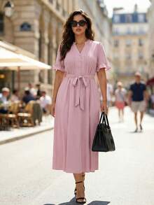 GlowEve CURVE 女式优雅纯色褶皱 V 领休闲短袖衬衫裙