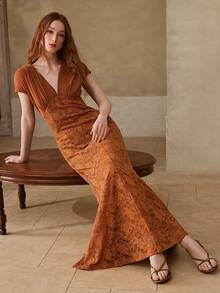 MOTF PREMIUM WOMEN'S ELASTIC KNIT FABRIC CONTRAST LACE ELEGANT DRESS, SPRING/SUMMER - Brown - View 1