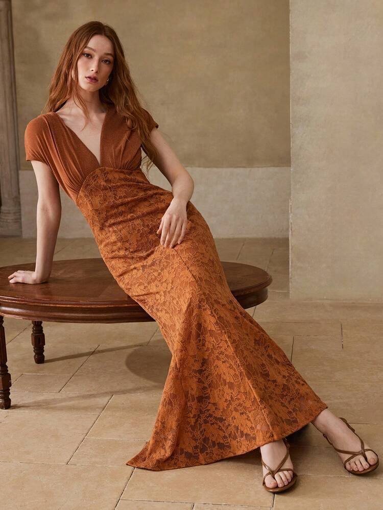 WOMEN'S ELASTIC KNIT FABRIC CONTRAST LACE ELEGANT DRESS, SPRING/SUMMER