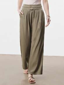 SHEIN LUNE Women's Elegant Chic Linen Blend Casual Pants With Waist Tie, Metal Buckle Decor, Pockets, Suitable For Party, Work, Vacation, Spring/Summer - Khaki - View 5