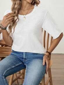 Louniche 女士休闲纯色短袖T恤，亚麻针织露脐上衣 - 白色 - 查看 13