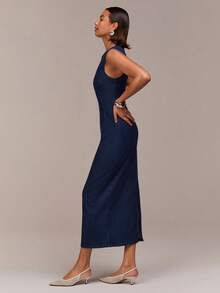 COSMINA 女士圆领无袖修身牛仔连衣裙，优雅牛仔连衣裙，适合约会、购物、日常出行、办公穿着，春夏女士牛仔连衣裙，开衩牛仔连衣裙，蓝色牛仔连衣裙 - 藍色 - 查看 2