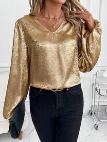 SHEIN Clasi Bluză aurie pentru femei, cu decolteu în V metalic, casual, versatilă, pentru purtare zilnică, cu mâneci tip felinar, top metalic cu decolteu în V, topuri elegante de vară pentru ieșiri în oraș, top pentru petreceri de sărbători - Aur - Vizualizare 2