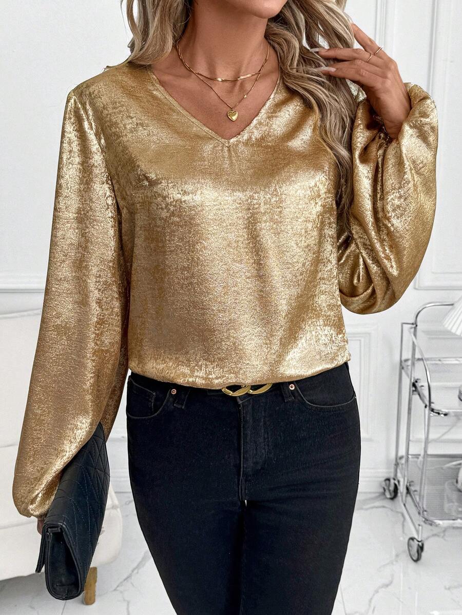 SHEIN Clasi Bluză aurie pentru femei, cu decolteu în V metalic, casual, versatilă, pentru purtare zilnică, cu mâneci tip felinar, top metalic cu decolteu în V, topuri elegante de vară pentru ieșiri în oraș, top pentru petreceri de sărbători