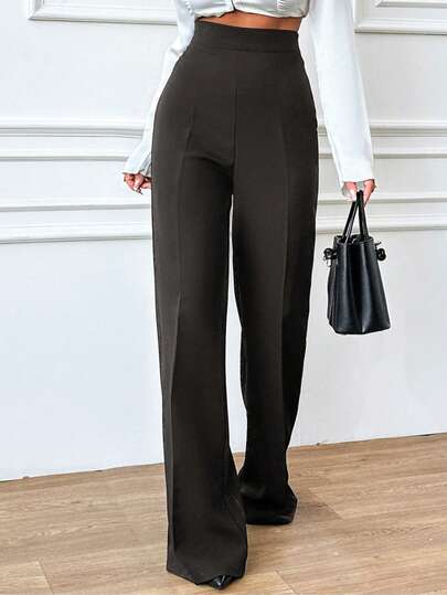 EURMUSE Plusstorlekar Dambyxor med raka ben och enfärgade, hög midja för vardagsbruk