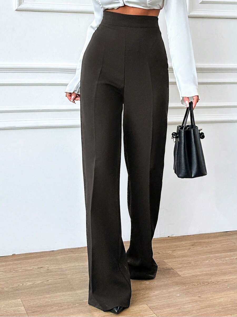 EURMUSE 大码女式休闲纯色高腰直筒裤 - 黑色 - 查看 1